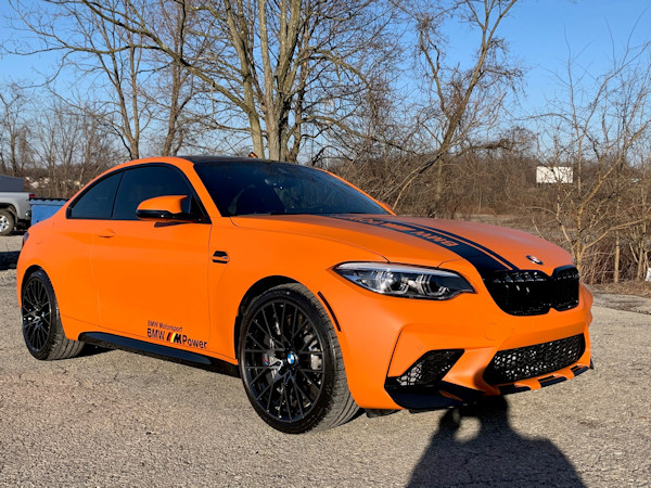 2020 BMW M2 Competition with Avery Matte Orange and Avery Gloss Black vinyl wrap 