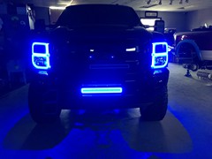 2013 Ford F-250 in for Oracle Led Halo headlights, LED concepts light bar, Rave Sport HID Kit, Rigid Industries Rock lighting, custom blue tinting on wheels, F250 emblems