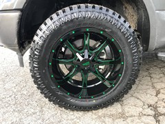 2018 FordF150, with Rough Country leveling kit, 20x10 Moto Metal 970 custom painted in candy green, with 33x12.50x20 Atturo Trailblade XT’s