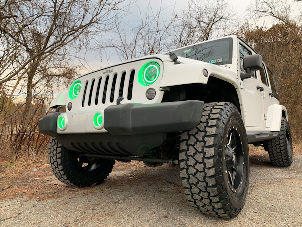 JK done with 2/1 Teraflex kit, Fuel Mavericks , 33in. Tires, and RGB Halo headlight and fog light kit 