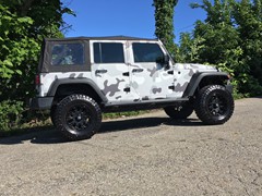 2017 Jeep Wrangler with 3.5 inch JKS J Kontrol lift kit with 18 inch XD Misfit wheels and 35 inch Atturo Trail Blade MT tires.  Rough Country front bumper and Rough Country 50 inch LED light bar.  Avery Dennison snow camo wrap.