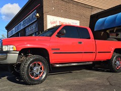 1998 Ram 2500 in for a ProComp leveling kit, Rancho Shock upgrade and 20x9 Moto Metal MO961 wheels with 35x12.50x20 Mastercraft MXT tires, and Alpine radio upgrade and JL Audio C2 speakers.
